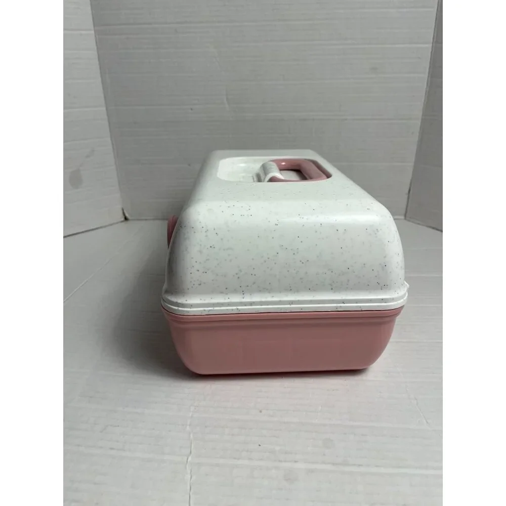Vintage Caboodles Large Pink & White Speckled Makeup With Fold-Out Tray & Mirror